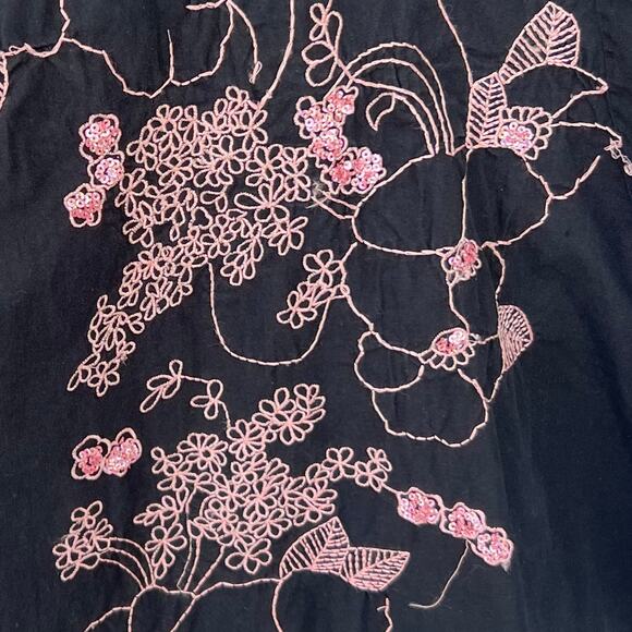 Y2K Black Floral Embroidered Skirt Pink Sequins A-Line Cotton Teacher Workwear - Picture 2 of 6